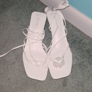 White lace up kitten heels